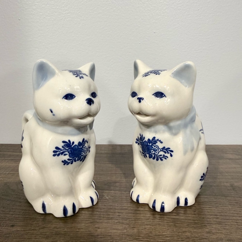 Vintage Blue and White Ceramic Cat Creamer